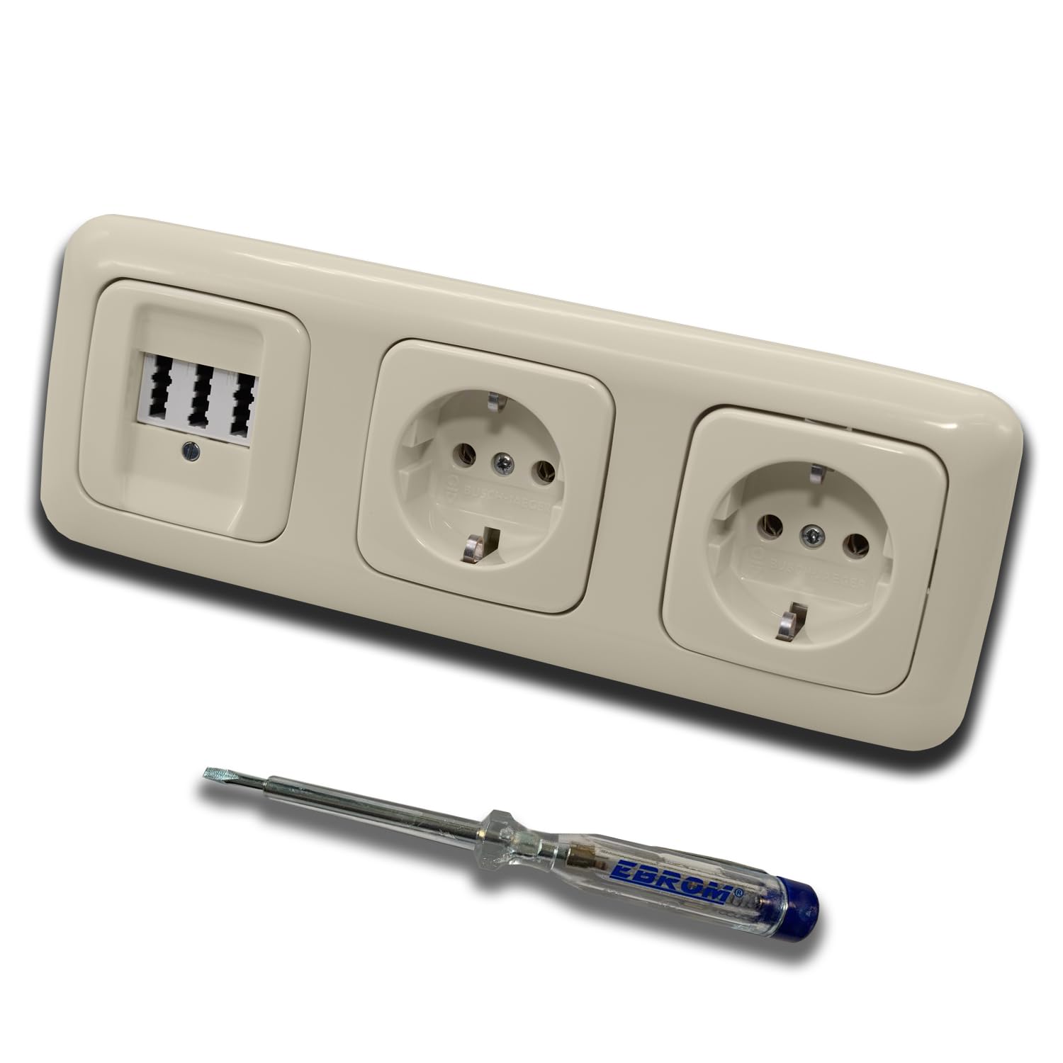 Busch Jäger Set: Unterputz Telefondose von EBROM, TAE 3x6 NFN für 1 Telefon und 2 Zusatzgeräte in DURO2000 cremeweiß, Rahmen und 2 x Steckdose 20EUC-212 inkl. EBROM Phasenprüfer zur Montage d. Geräte