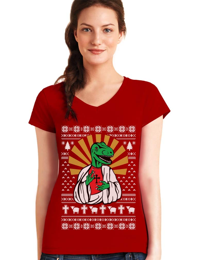 Dinosaur Raptor LOL Jesus T-rex Meme Ugly Christmas V-Neck Fitted Women T-Shirt