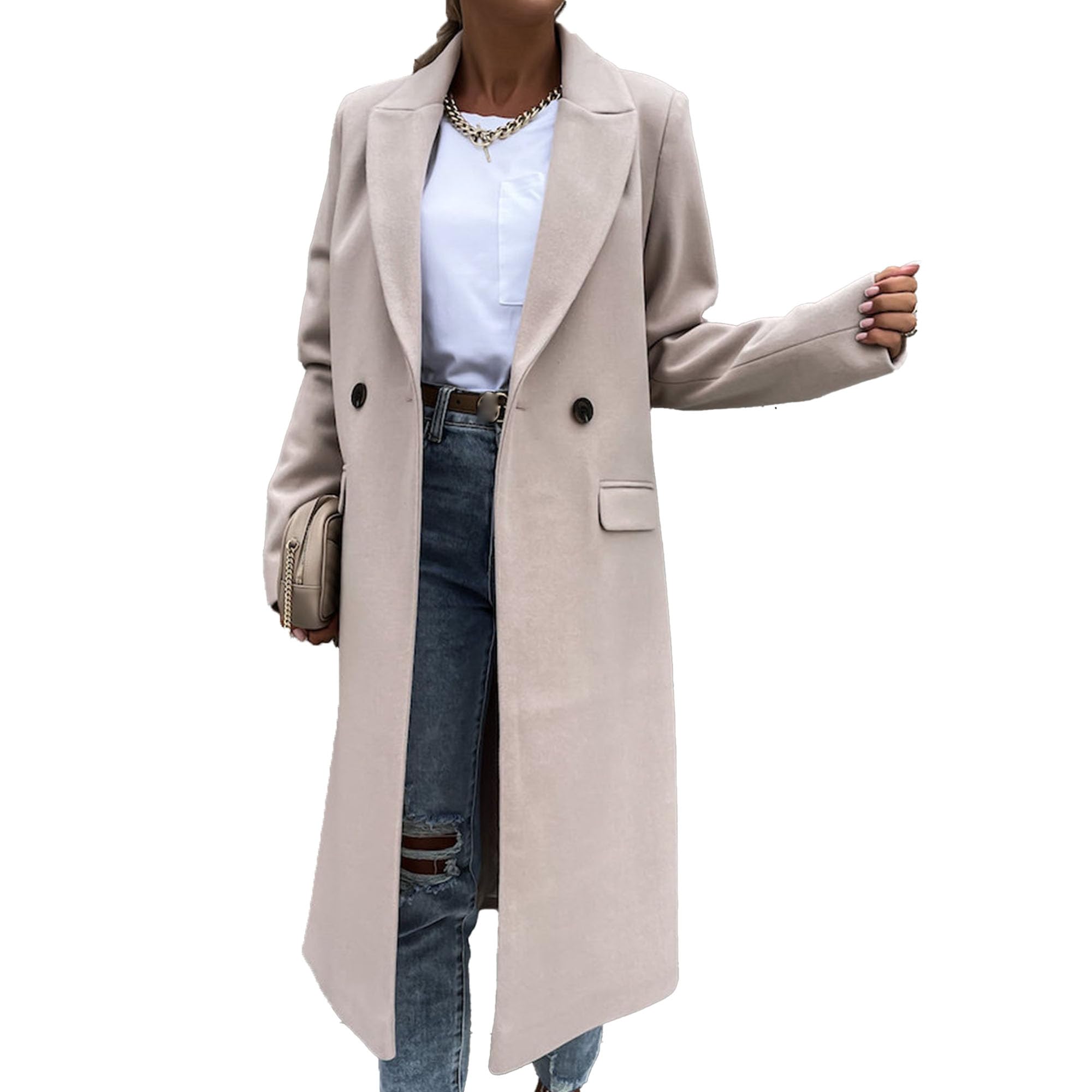 Maiyifu-GJ Womens Elegant Notched Lapel Double Breasted Wool Blend Coat Jacket Long Trench Coat Winter Overcoat Outerwear