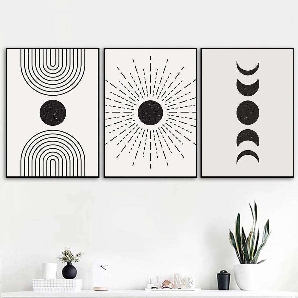 WUHBCZ Art Pictures-Sun Illustration Canvas Paintings Abstract Lines Art Print Moon Mid Century Poster Boho Black White Wall Prints For Living Room Office Decoration-50 * 70cm/3PCS (No Frame)