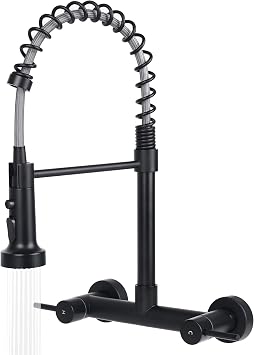 Wall Mount Kitchen Sink Faucet, 8 Inch Center Wall Mount Kitchen Faucets with 3-Function Pull Down Sprayer, Dual Handles Commercial Faucet for Kitchen Laundry Restaurant Black