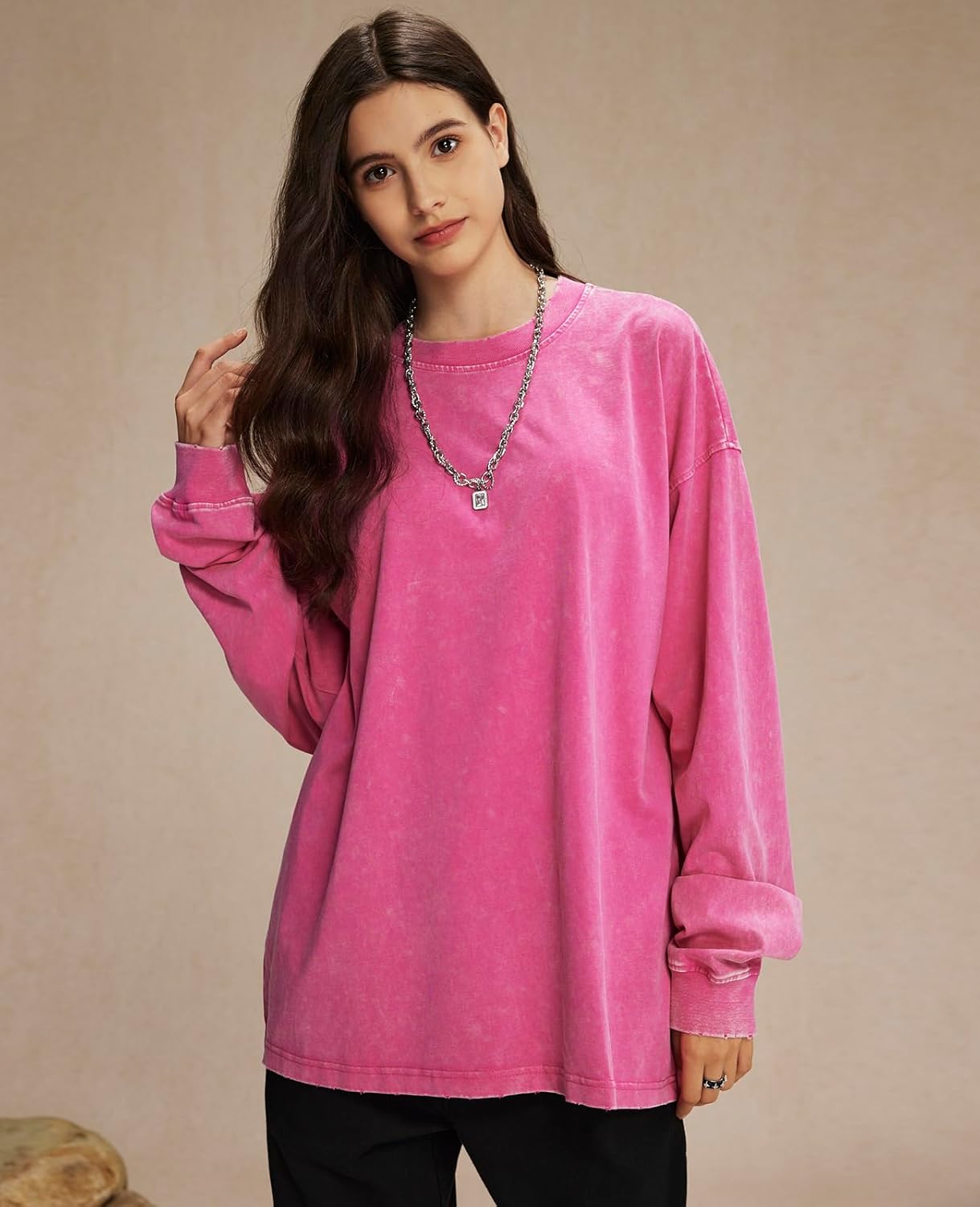 KEEPSHOWING Men's Oversized T Shirts Long Sleeve Shirts for Men Vintage Acid Wash Comfort Colors Crewneck Sweatshirt - Image 3