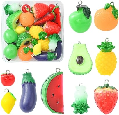 Assorted 15-32Pcs 3D Fruit Food Vegetable Bread Charms Pendants for Jewelry Making Lemon Strawberry Apple Banana Pineapple Resin Charms for DIY Bracelets Necklaces Earrings Craft Supplies