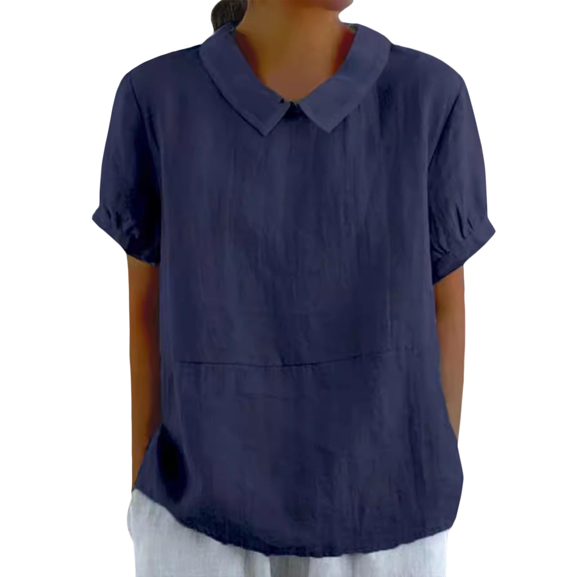 Women's Cotton Linen Shirts Blouses Summer Short Sleeve Collared Shirts Casual Loose Lightweight Cute Tunic Tops