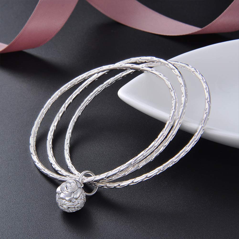AKT Pulsera de Plata Bangle y Brazalete de Plata de Ley con 3 Aberturas y Campana para Mujer, 24g 990 Plata, Diámetro Interior 58.3 Mm