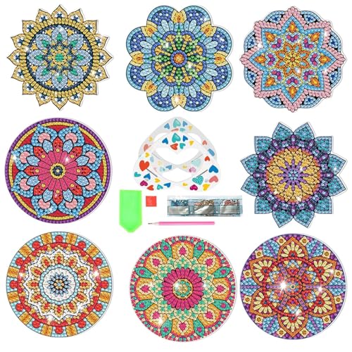 Kits de Peinture Diamant sous-Verres Bricolage - Ensemble de sous-Verres de Peinture Diamant Bricolage 8 pièces - Kits d'art de Diamant Coaster avec Support pour Adultes débutants Fournitures d'