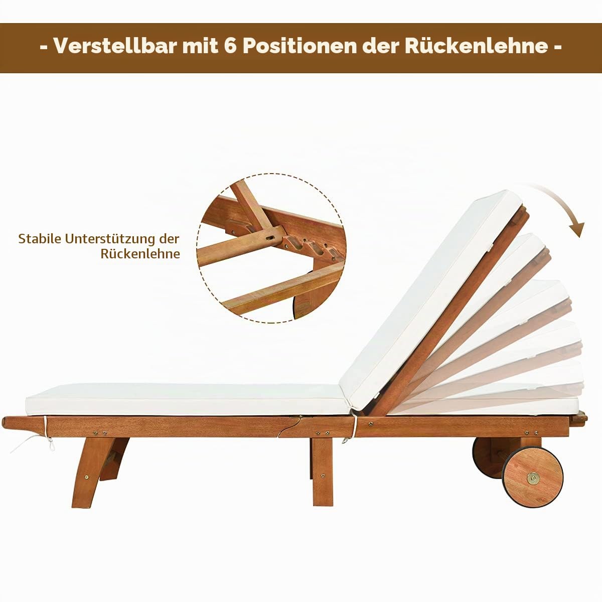 KOMFOTTEU Gartenliege mit Verstellbarer Rückenlehne, Sonnenliege aus Eukalyptusholz, Relaxliege mit Kissen & 2 Rädern, Liegestuhl bis 160 kg belastbar für Garten Terrasse Balkon, Natur & Beige