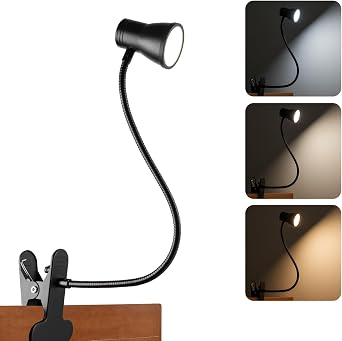 Eye-Caring Clip On Desk Lamp, 3 Color Modes & 10 Brightness LED Reading Light with Clamp, 360 Rotatable Gooseneck Reading Light, Portable Clamp Lamp for Bedroom, Office and Study Black-Small