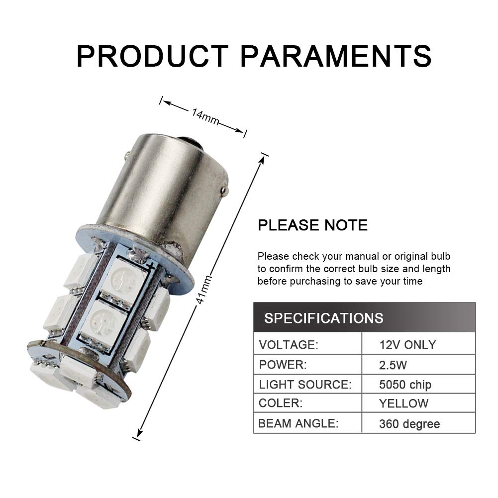 Yolu 2-Pack Super Bright 1156 Led Bulbs 5050 13-SMD Low Power 1141 1003 1073 BA15S 7506 LED Lights Replacement for Back Up Reverse Tail RV Lights Yellow