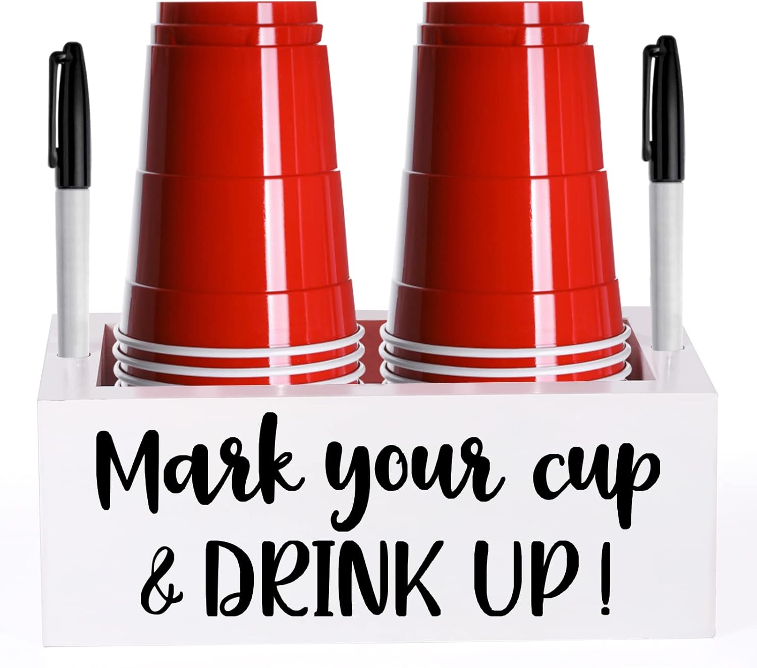 Double Single Cup Holder with Marker Slot Mark Your Cup and Drink Up Cup Holder Party Cup Organizer Drink Dispensers for Parties 2 Sides Designs Housewarming Hostess Gift Cup Holder Countertop White double cup holder