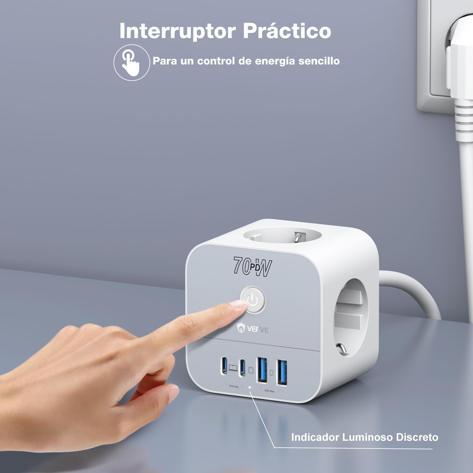 VEFVE Cubo Regleta 70W GAN, Cargador Rápido USB C, Ladrón Enchufes 7 en 1 con Interruptor, Compatible con iPhone 17, Galaxy S26, MacBook, Cable 5m, Blanco