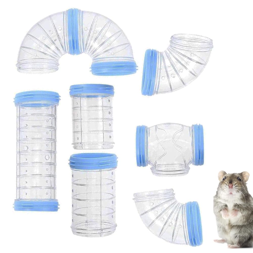 NeoStyle 8 PCS Hamster Tube Set, Transparent Curved Pipe Pet Cage Tunnel, DIY Connection Adventure Tunnel Expansion Space Hamster Cage Accessories Hamster Toys (Blue (diameter 5.5cm))