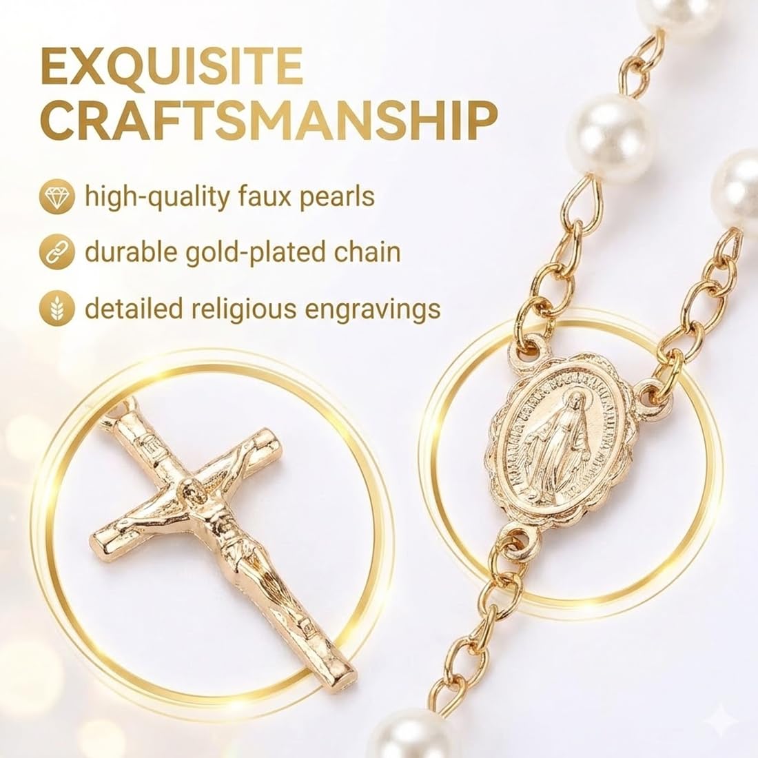 5 Piezas Rosarios de Bautismo, Mini Religiosos de Dedo con Cuentas de Perlas de Imitación, Recuerdos y Recordatorio, con Cruces para Pulseras, para Bautizo, Comunión, Boda, Fiesta (Oro) — view 3