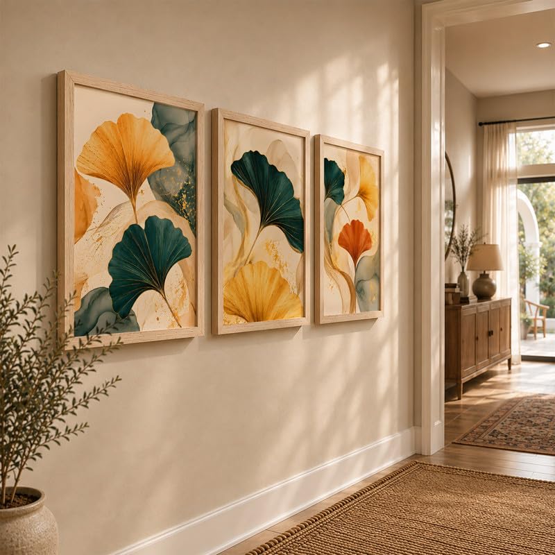 Image of NoWorries Abstract Ginkgo Leaf Wall Art Frames Set of 3 | Modern Botanical Look Paintings with Gold & Teal Leaves | Premium 300 GSM Prints in Synthetic Wooden Frames | Living Room, Bedroom, Office & Home Decor (NATURAL, ART-15, 21X31INCHES)