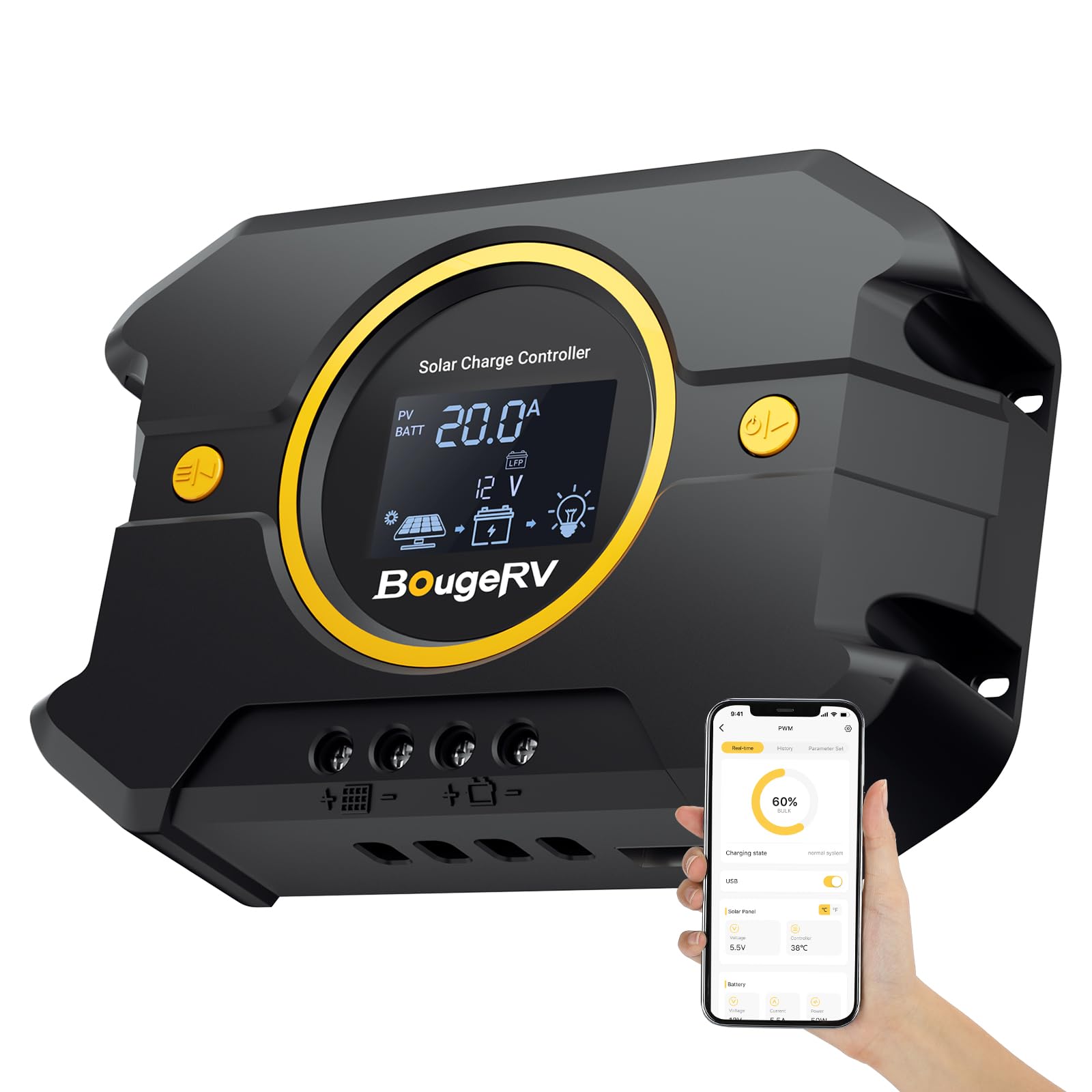 BougeRV Li 20A PWM Solar Charge Controller 12V 24V, Solar Panel Regulator w/Backlit Display, USB Port, Adjustable Parameter, for Lithium, AGM, SLD, Gel Battery, for RV, Off-Gird, Negative Ground-picture-23