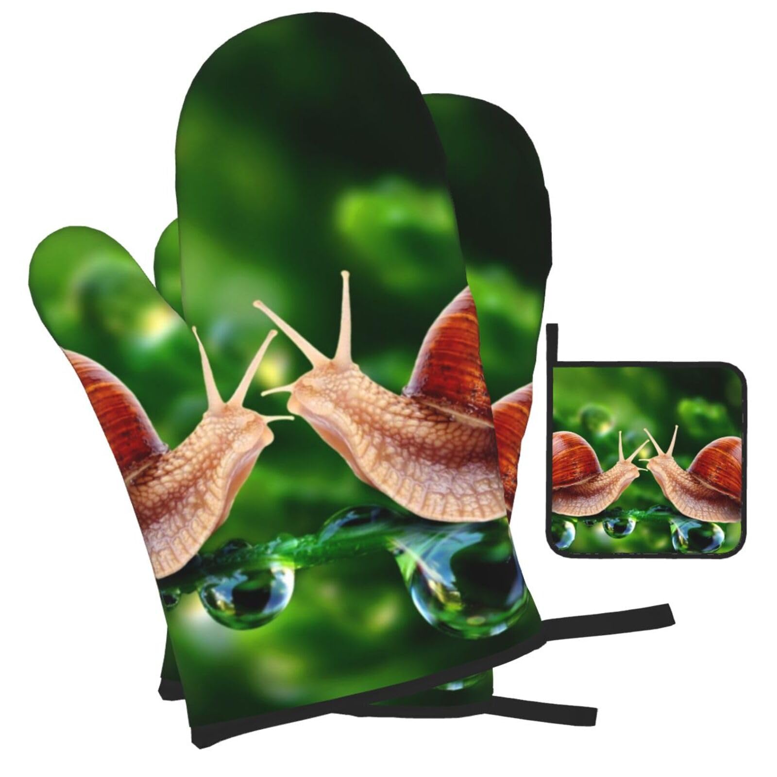 Wildlife Animal Snail Printed Oven Mitts and Pot Holders Heat Resistant Set of 3 Pcs, Modern Kitchen Gloves & Potholders for Cooking Baking Grilling