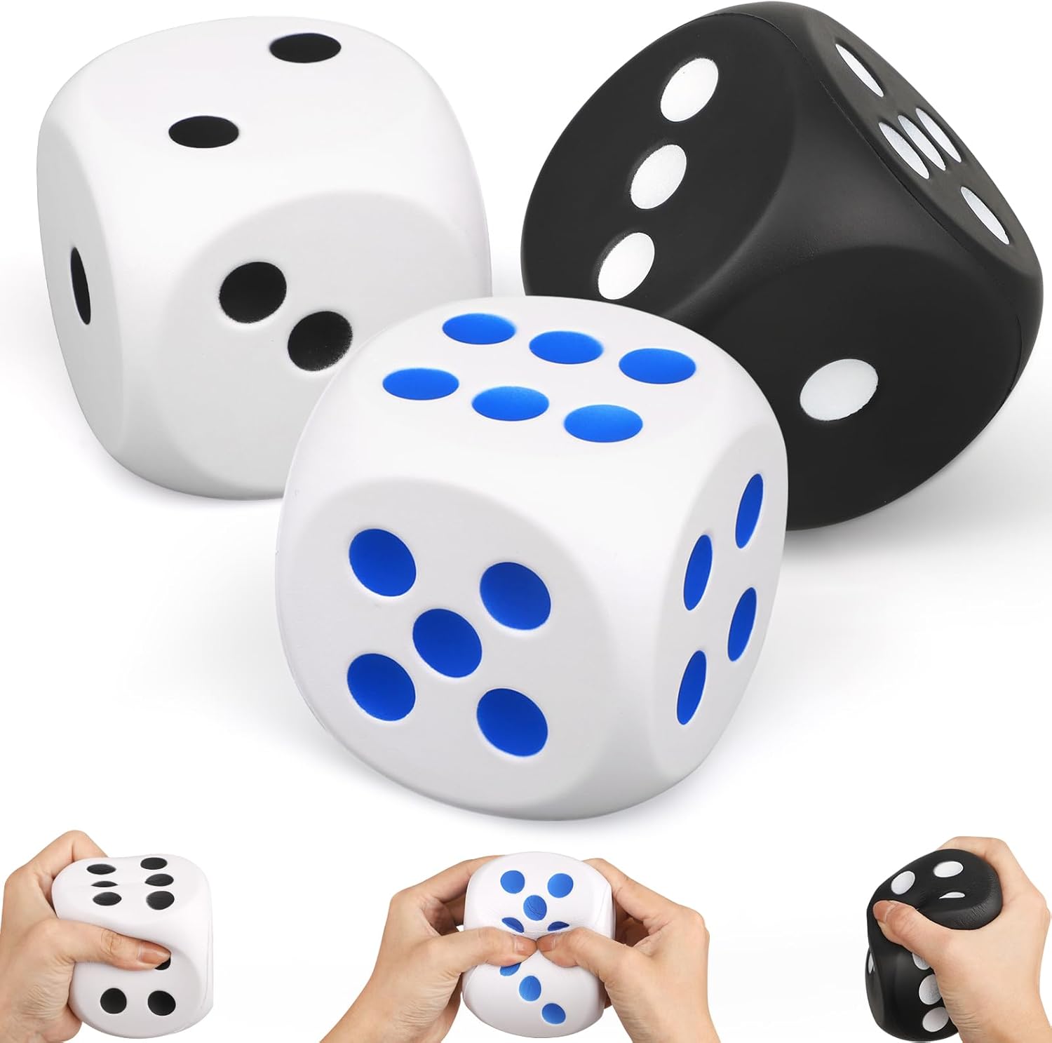 Large 3 Inch Foam Dice Fidget, Board Game Dice Jumbo Stress Relief Dice Big Dice, Squeeze Squishy Giant Game Dice for Family Game Classroom Party Favors Bag Stuffer (3 Pack)