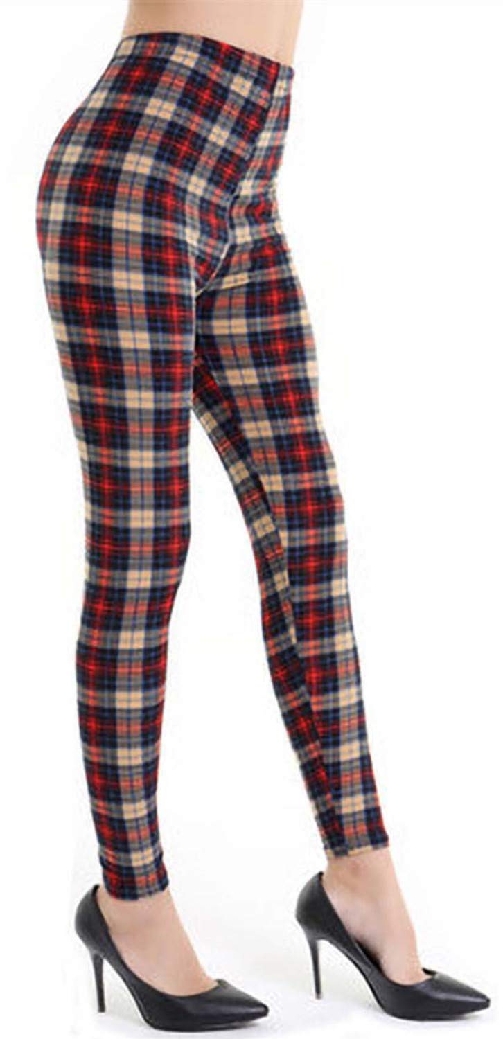 Fioeyr Women's Khaki Tartan Red Tartan Check Print Elacticated Full Length Long Stretchy Leggings
