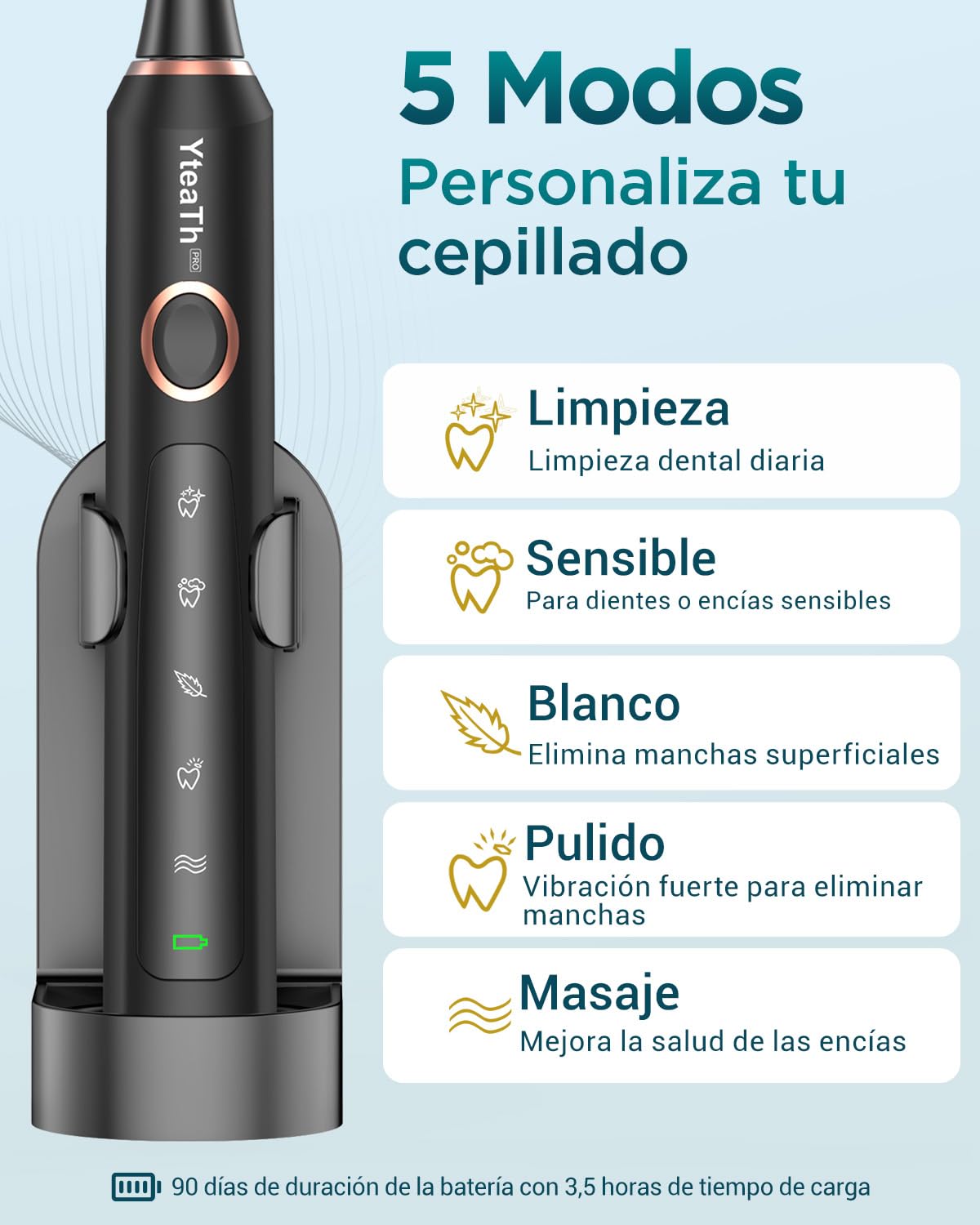 Cepillo de Dientes Eléctrico Sónico para Adultos - Cepillo Electrico Sónico con 8 Cabezales y Estuche de Viaje, 5 Modos, IPX7 Impermeable, Cepillo Dientes Electrico de Viaje Recargable, Negro — view 3
