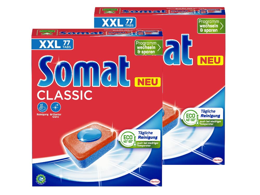 Somat Classic Spülmaschinen Tabs (2x77 Tabs), Geschirrspül Tabs für eine kraftvolle Reinigung, Spültabs hinterlassen strahlend sauberes Geschirr sogar bei niedrigen Temperaturen, 154.0 stück