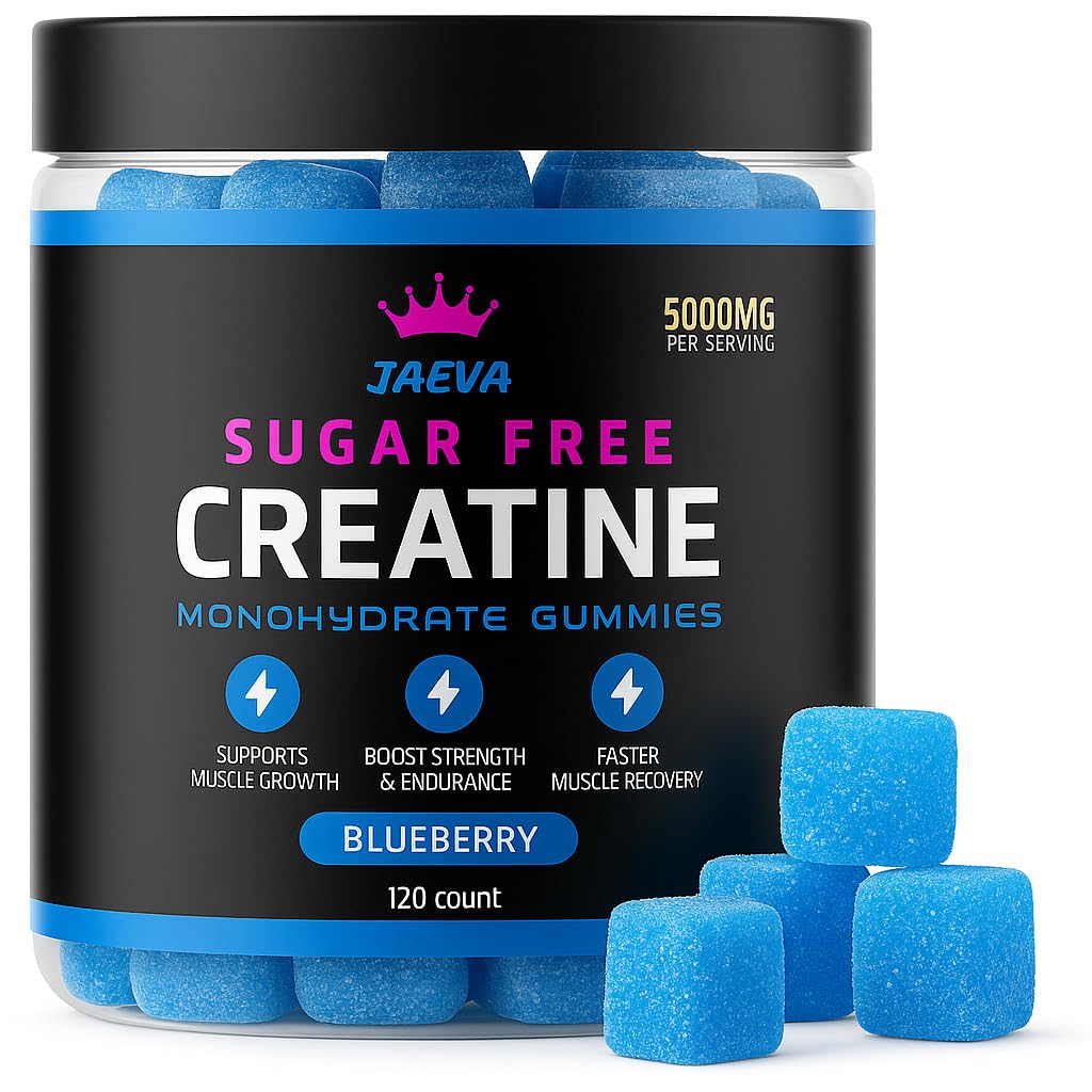 Jaeva Sugar Free Creatine Monohydrate Gummies 5g, 5000mg for Men & Women, Blueberry - 120 Count, Pre Workout Energy Boost, for Building Muscle and