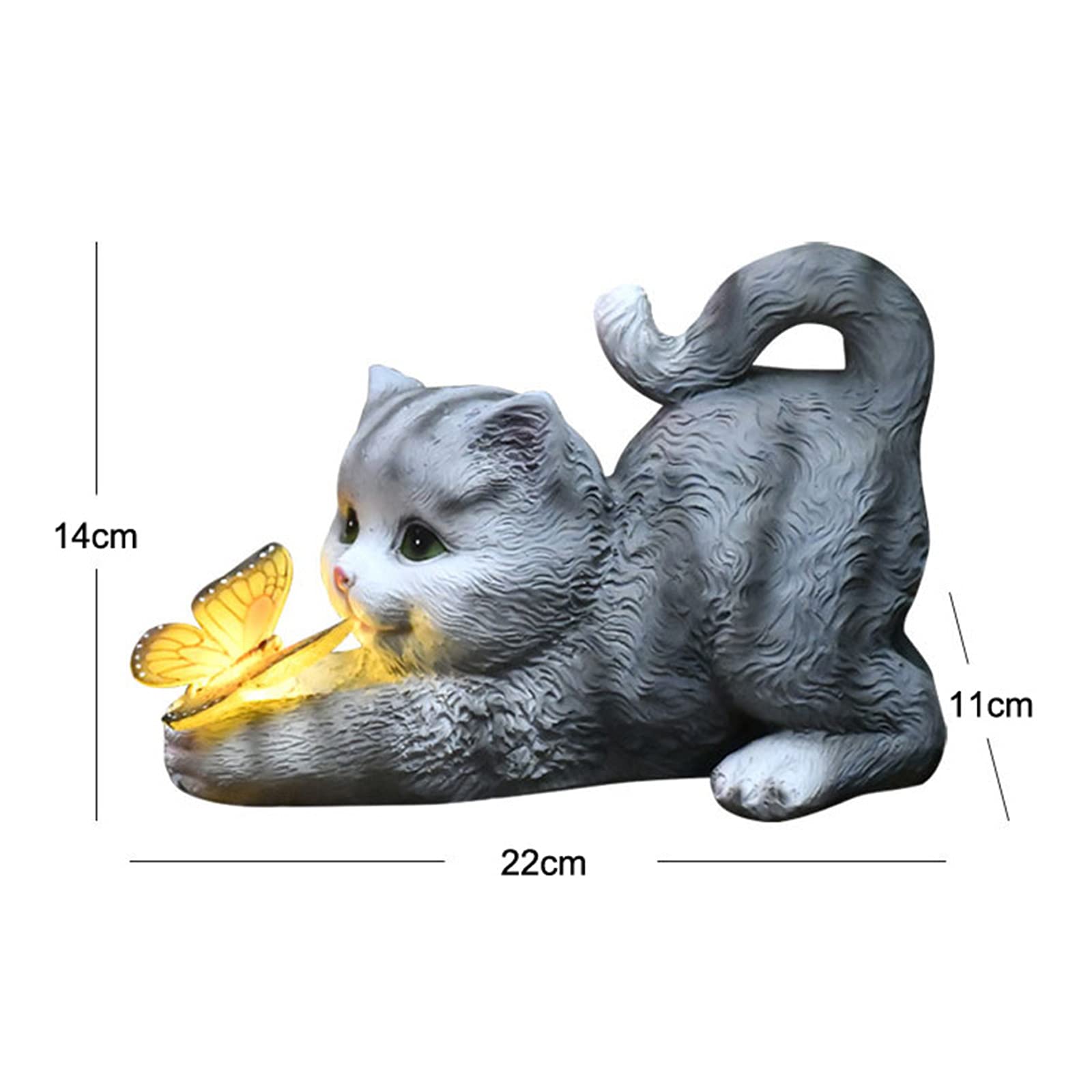 Katzenfigur Garten Deko Katze Gartendeko Schmetterlinge Solarlampen für Außen Balkon Gartendekoration Innenhof Layout niedlichen Katze Top Schmetterling Ornamente Harz Solarleuchten (Grau)