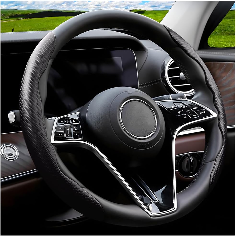 Adunsiaoto Carbon Fibre Segmented Steering Wheel Protector for Car, Ultra Thin Non-Slip Synthetic Leather Steering Wheel Covers, Universal Car Steering Wheel Cover, Non-Slip (Black)