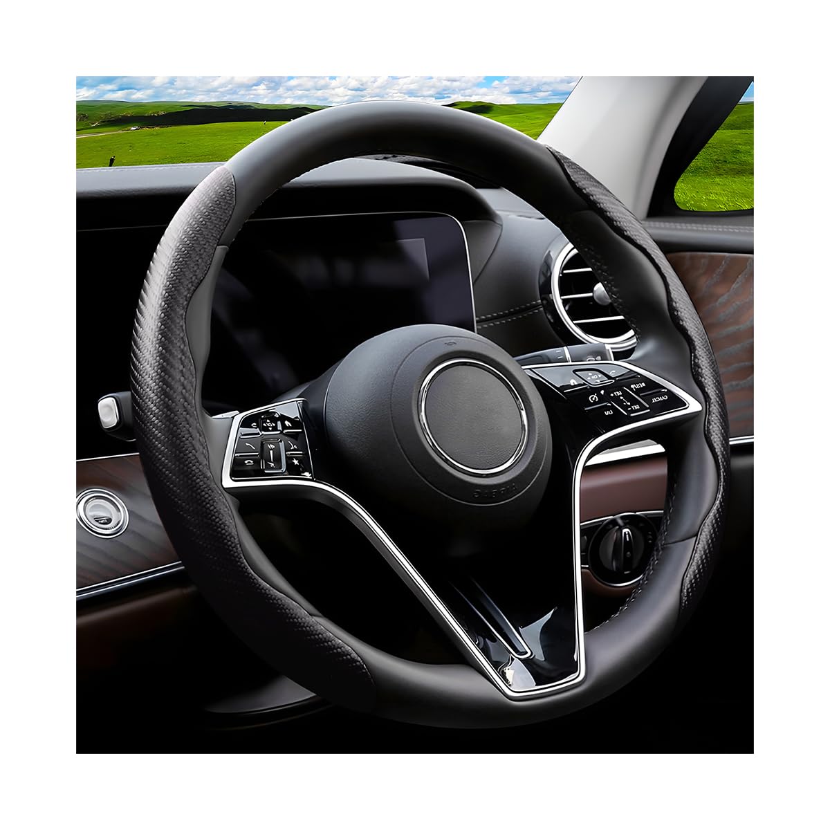 Adunsiaoto Carbon Fibre Segmented Steering Wheel Protector for Car, Ultra Thin Non-Slip Synthetic Leather Steering Wheel Covers, Universal Car Steering Wheel Cover, Non-Slip (Black)