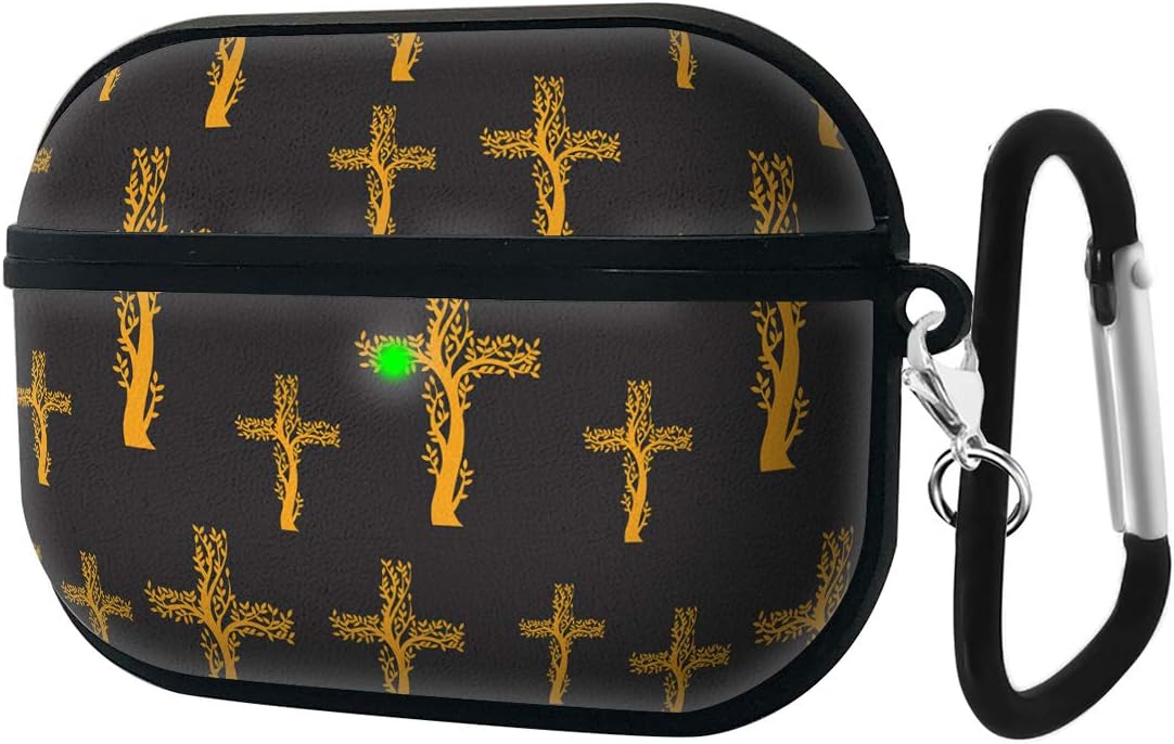 Luxury Classic Elegant PU Leather Protective Shockproof Cover Case Compatible with AirPods Pro - Gold Christian Cross in The Form of Tree