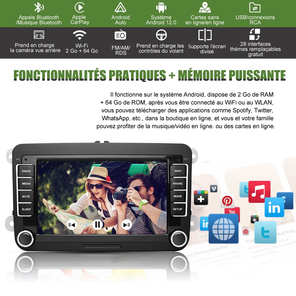 AWESAFE Autoradio Android pour Golf 5 6 VW Passat Polo Seat Skoda, 7 “ HD écran Tactile, intégré Bluetooth carplay Android Auto FM,RDS,GPS,WiFi avec Camera de recul[2Go+64Go]