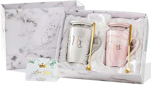 Mr and Mrs - Juego de tazas de café de cerámica de mármol de 13.5 onzas, 2 tazas de café de mármol de cerámica de regalo para pareja, día de San