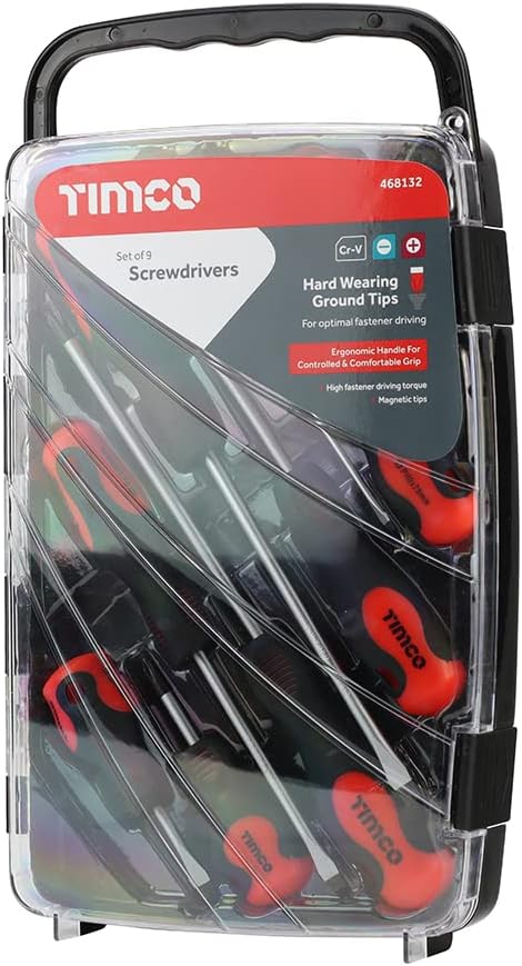 TIMCO Screwdriver Set - Assorted Sizes - 9 Screwdrivers - Ergonomic Handles for an Extra Soft Grip - Magnetic Tips to Assist with Easy Installation
