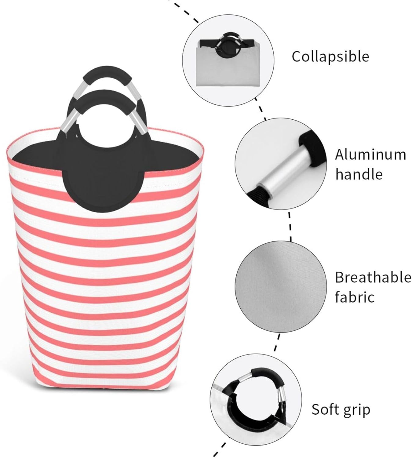 Large Laundry Basket, Coral Red and White Stripes Laundry Hamper Bag Collapsible Washing Bin With Handles for College Dorm, Family Essentials Storage