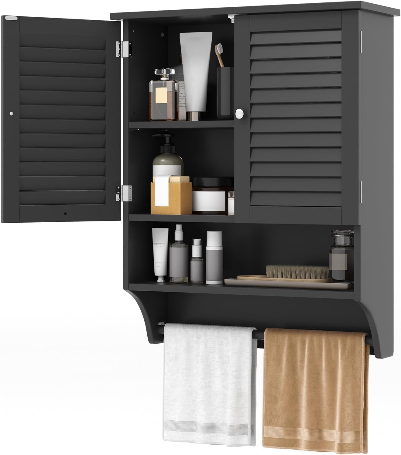 GIANTEX Armario de Pared para Baño, Armario Colgante de Madera con 2 Puertas Persianas, 3 Estantes y 1 Toallero, 60 x 22 x 75 cm, Mueble de Almacenamiento para Baño, Comedor, Entrada (Negro)