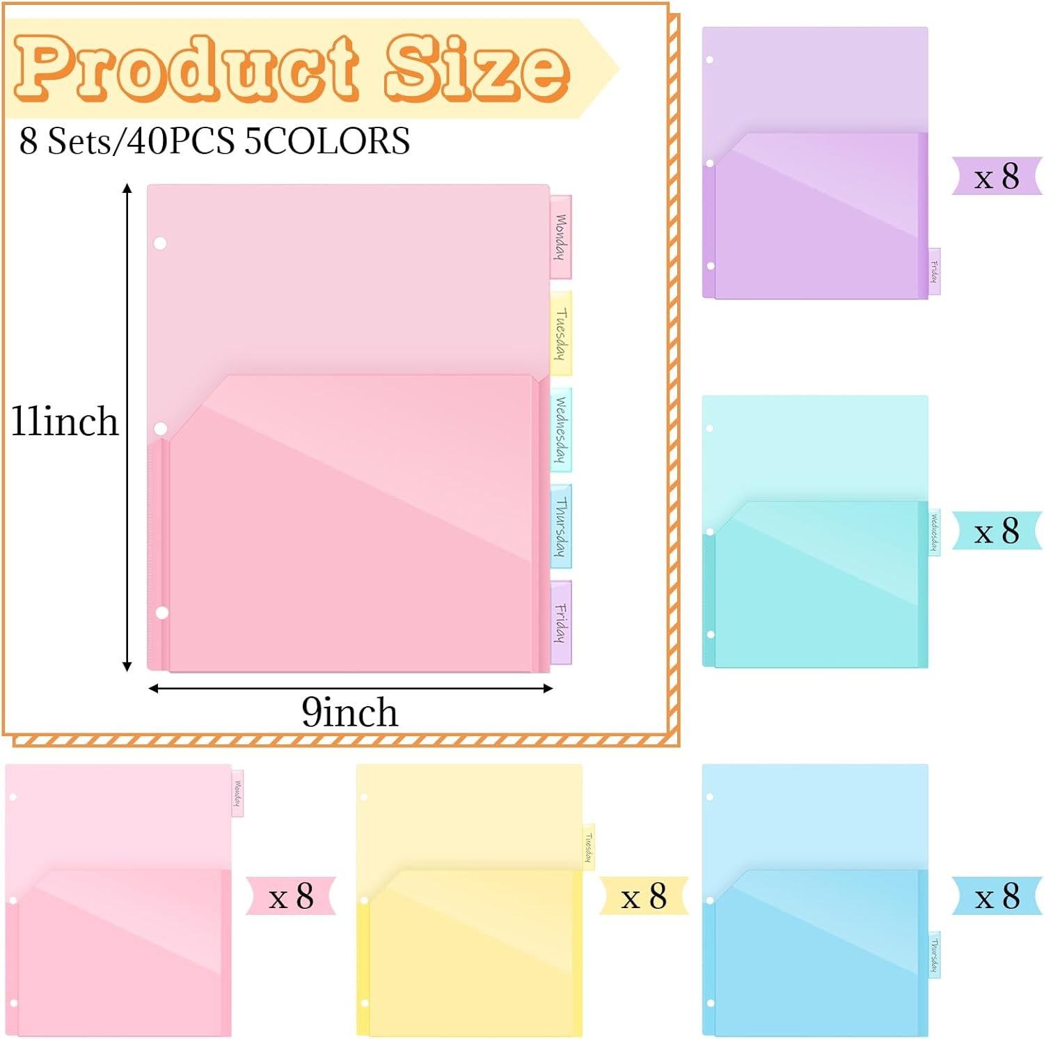 Jetec 8 Sets/ 40 Pcs Plastic Binder Dividers for 3 Ring Binder, 5 Tab Letter Size with Flexible Expanding Front Pockets (1/4" Expand), Multicolor Index Dividers for School Office Home Organization