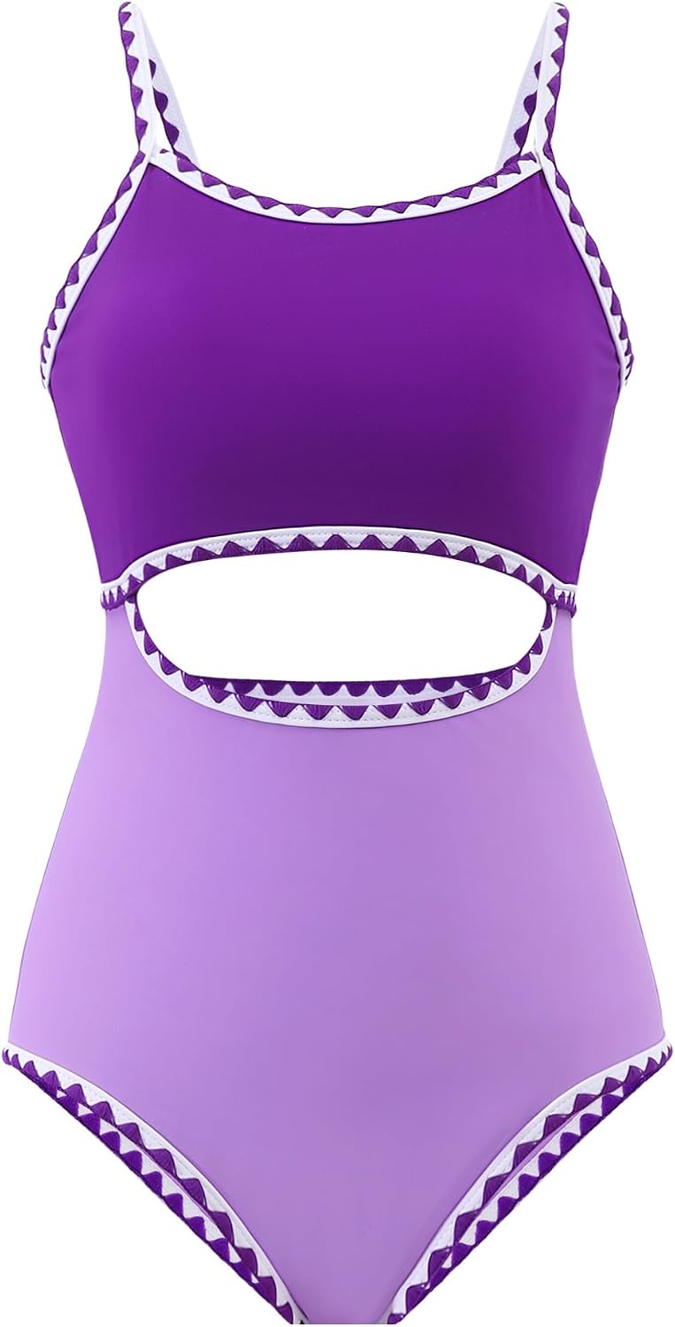 YOURUIKEY Girls Swimsuit - One Piece Bathing Suit with Adjustable Spaghetti Strap and Cut Out Swimwear Padded for Teen 7-14Y