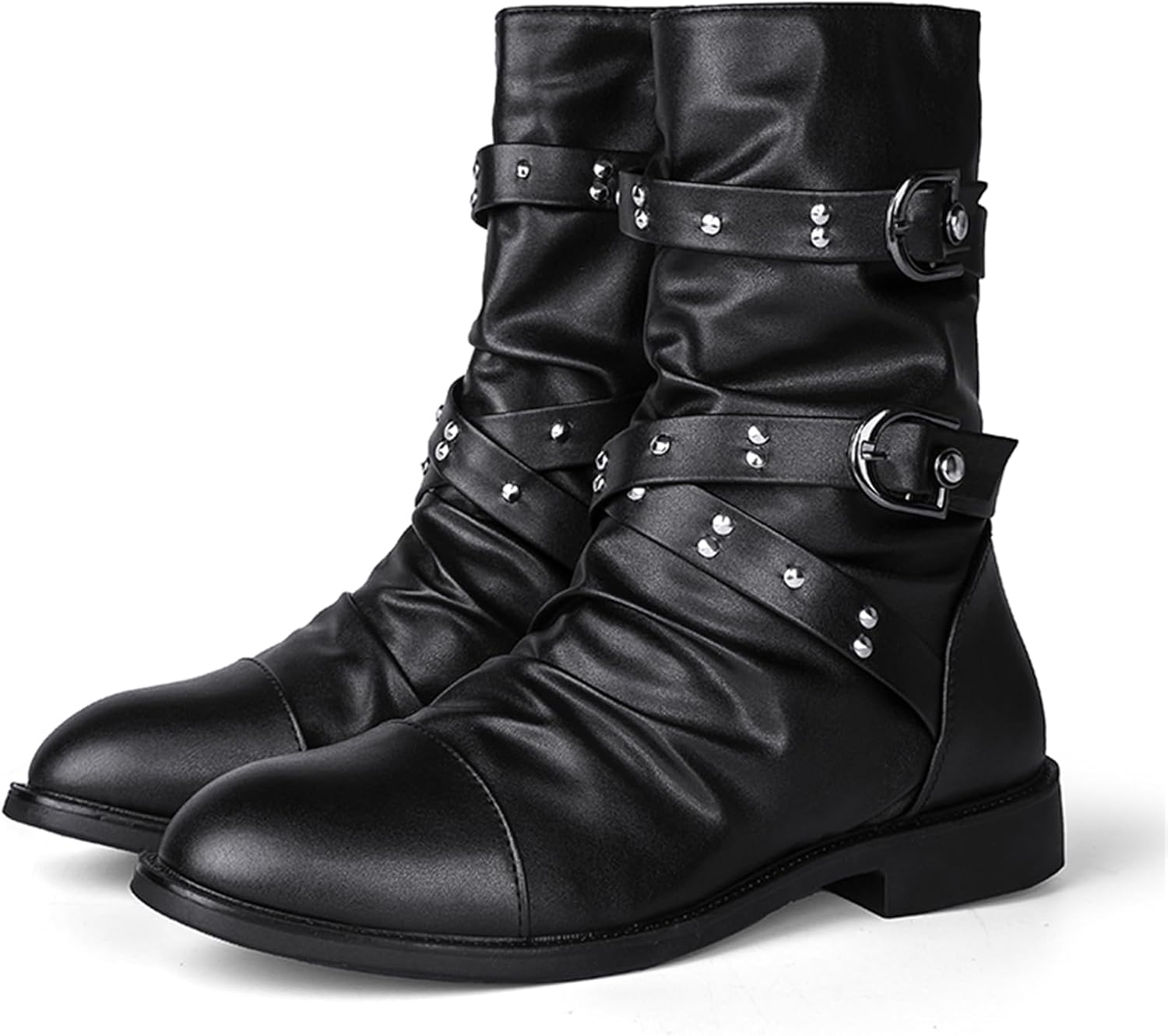 Men's Leather Side Zipper Motorcycle Boots Fashion Pointed Toe Block Heel Comfortable Non-Slip Rivet Belt Buckle For Daily Outdoor Party Activities