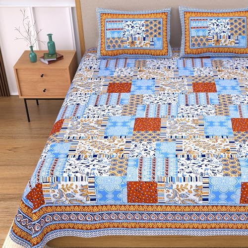Image of India 100% Pure Cotton Jaipuri Printed Double Bedsheet with 2 Pillow Covers | Traditional Sanganeri Floral Design | Soft Breathable Fabric | King Size Bedsheet for Bedroom (Kaya34)