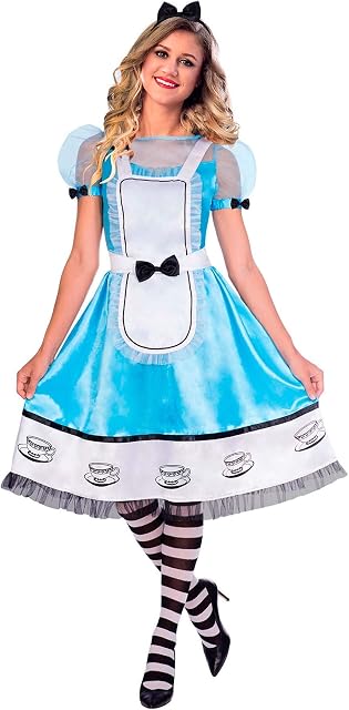 amscan Adults Alice Fancy Dress Fairytale Costume Womens Ladies Wonderland Book Day Week Outfit, Blue, (UK Dress Size 14-16)