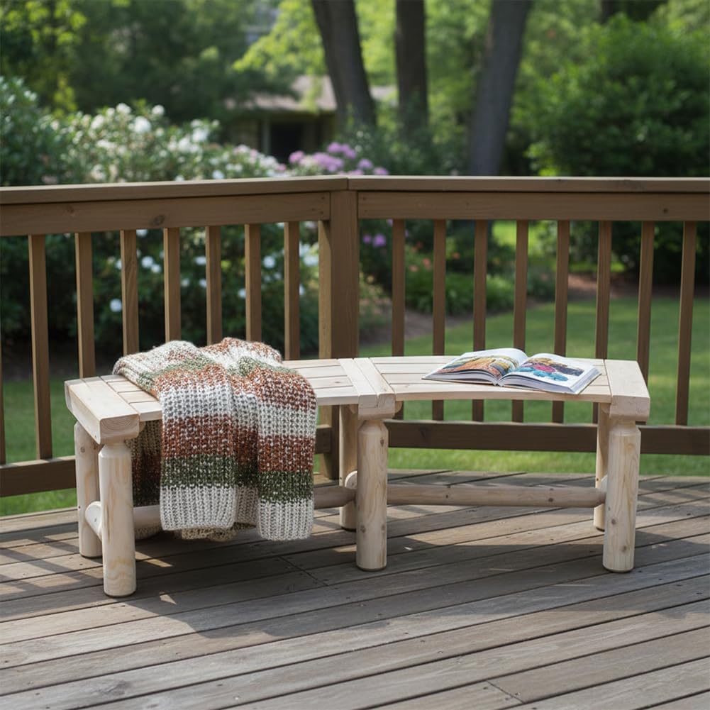 Curved Fire Pit Bench - Solid Wood Backless Outdoor Seat for Patio, Garden, Deck & Tree Surround, Rustic Log Style Circular Seating 40"-55" W×14" D×16.5" H, Natural Finish