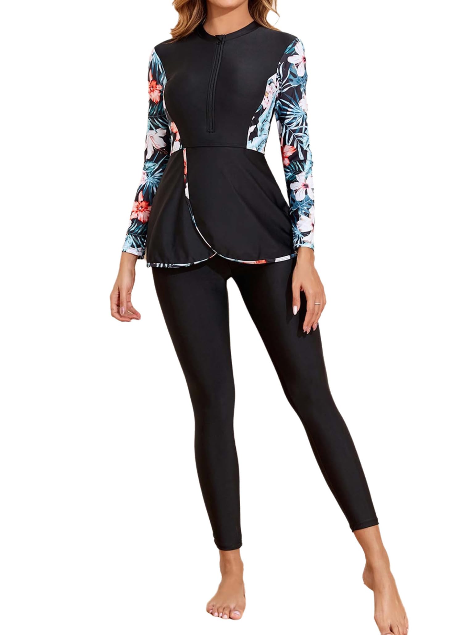 Femme Maillot de Bain 2 Pièce Imprimé Floral Burkini Combinaison et Pantalon de Sportt Legging Rashguards Protection UV