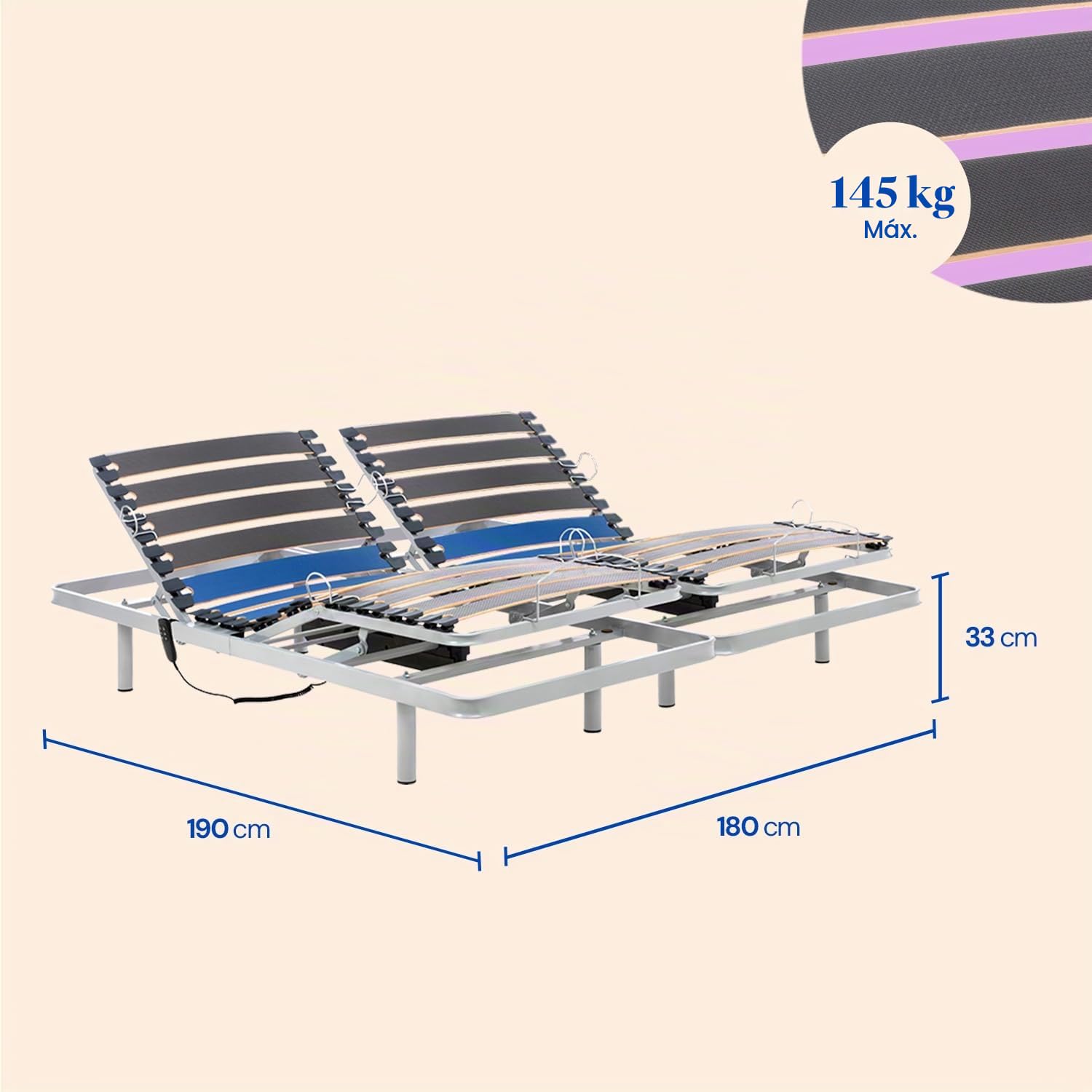 Geriafy – Cama Articulada Doble 180x190 cm | Somier Eléctrico Reforzado con Lamas Anchas de Haya | Ajustable con Mando por Cable