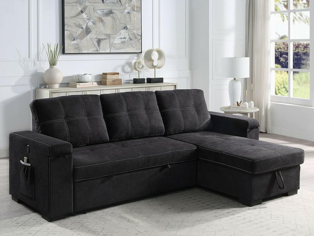 ERYE Modern Reversible Tufted Sleeper Sectional Sofa W/Pull Out Couch Bed and Storage Chaise, L-Shaped Woven Linen Fabric Upholstered Sofa&Couch Convertible Sofabed with Hidden Cupholders & USB Ports