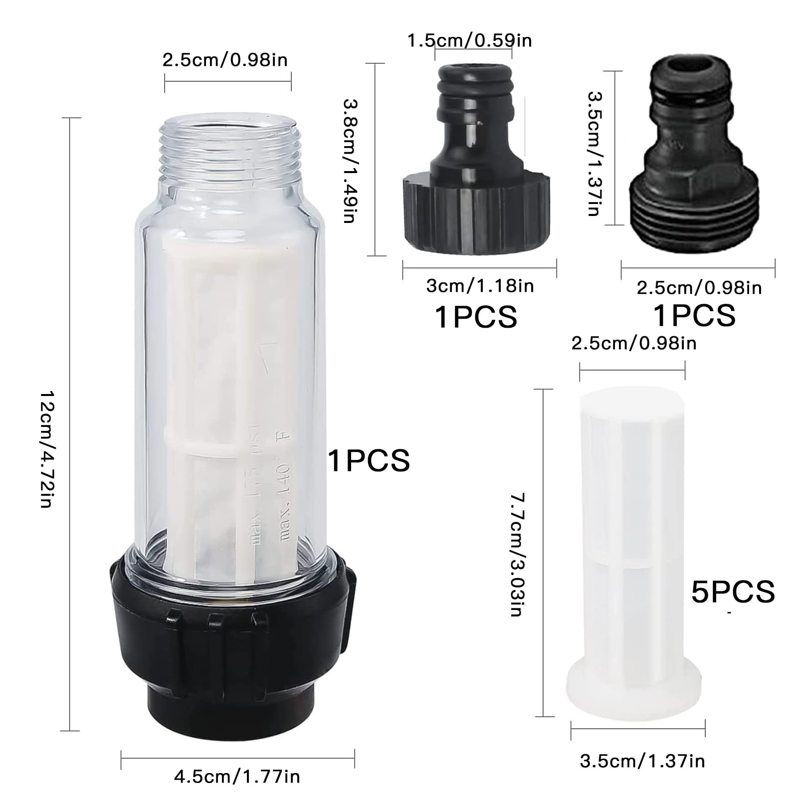 Filtro acqua per tubo da giardino e camper, kit da 3/4" con 5 inserti + 2 adattatori rapidi"}