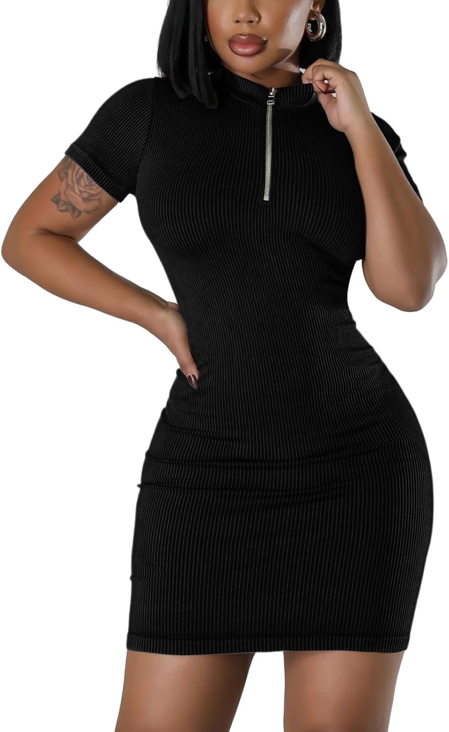 Ribbed Bodycon Dresses for Women Short Sleeve Summer Zip Up Front Casual Mini Tank Dress - Image 2