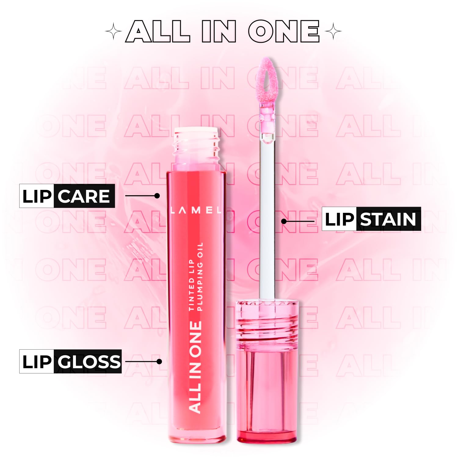 Lamel All In One Lip Tinted Plumping Oil- Peachy, Lip Oil Tint for Pigmented Lips | Hydrating, Plumping & Glossy Lip Tint | Non-Sticky Lip Oil with Long-Lasting Tint | 3ml