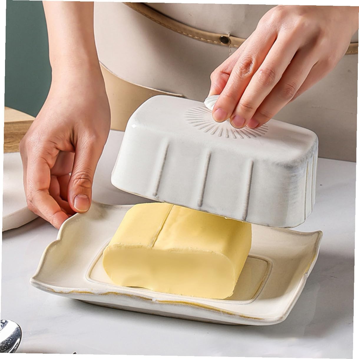 Beurrier Céramique Blanc Couvercle, Plateau à Beurre Pratique Conservation des Aliments, Décoration Cuisine Service à Domicile