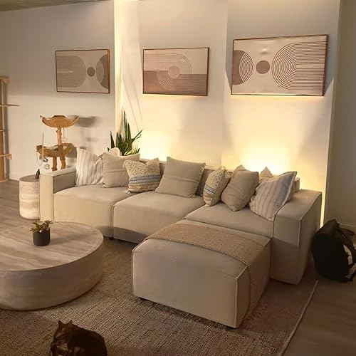 Miniatura 5 de Acanva Luxury Modular Sectional Living Room Sofa Set, Modern Minimalist Style Couch with Ottoman and Chaise, L-Shape, Linen-Like Cream Crema