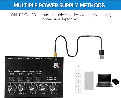 Miniatura 6 de Btuty Mezclador estéreo de línea de 4 canales de ruido ultra bajo 4 entradas 1 salida DC 5V mini mezclador de audio portátil micrófono guitarra bajo