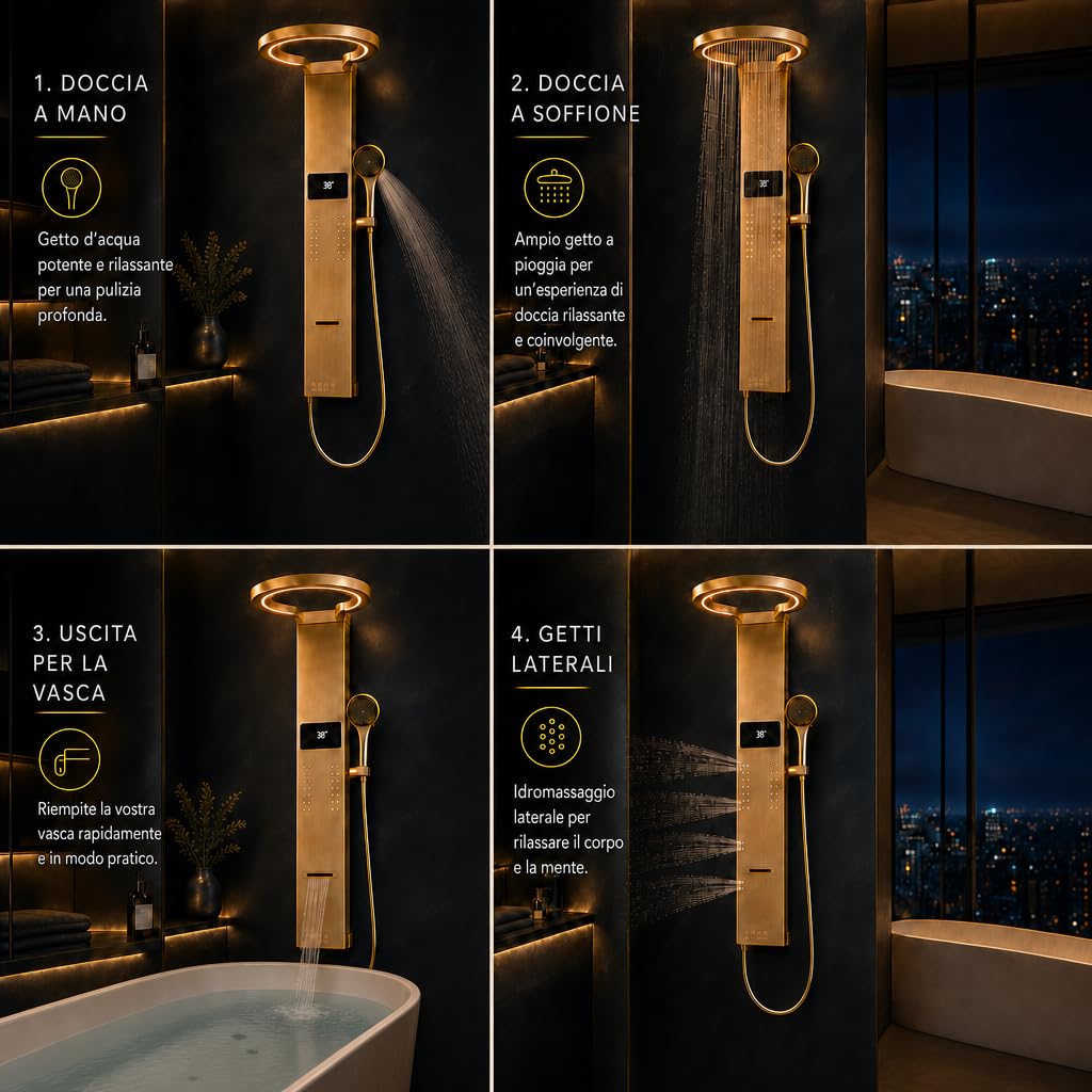 INEX EUROPA Pannello doccia termostatico di lusso color oro - Colonna doccia idromassaggio con 10 anni di garanzia e 4 modalità di funzionamento - Torre doccia alta 105 cm, collezione Daytona